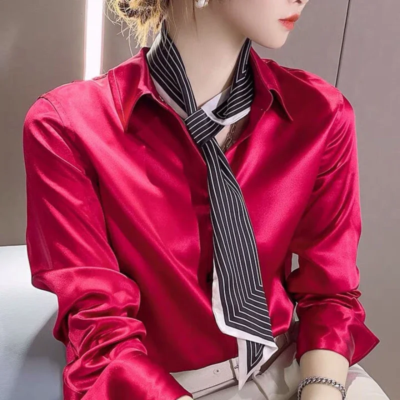 Brand Quality Luxury Office Lady Satin Shirts Women Autumn Winter Elegant Lapel Cardigan Plus Size Long Sleeve Blouses Silk Tops