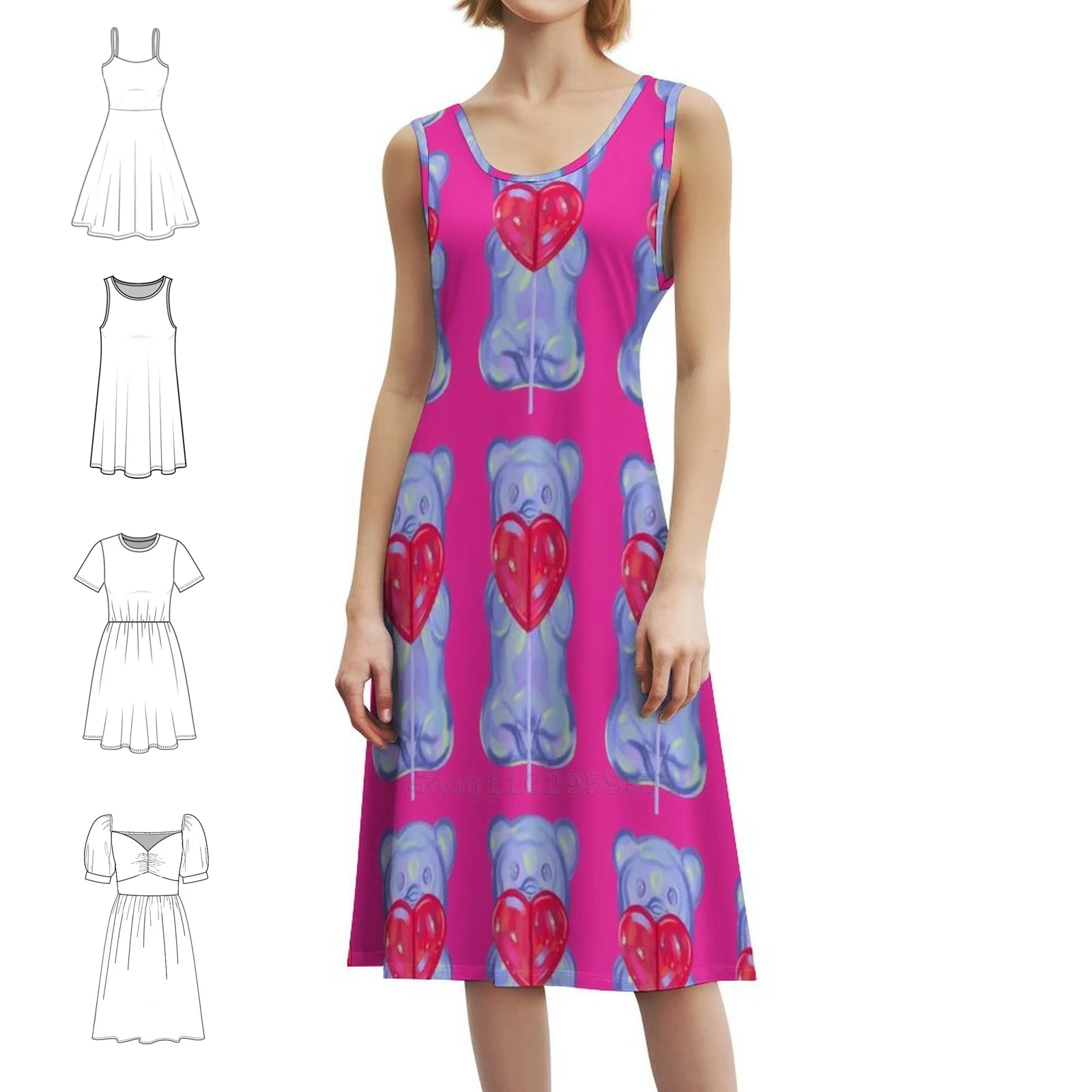 فستان بوهيمي بدون أكمام وردي ساخن 2.0 فستان متعدد الطباعة لقضاء العطلات على الشاطئ فستان الحفلات وردي ساخن وردي غائر الدببة على شكل قلب #1