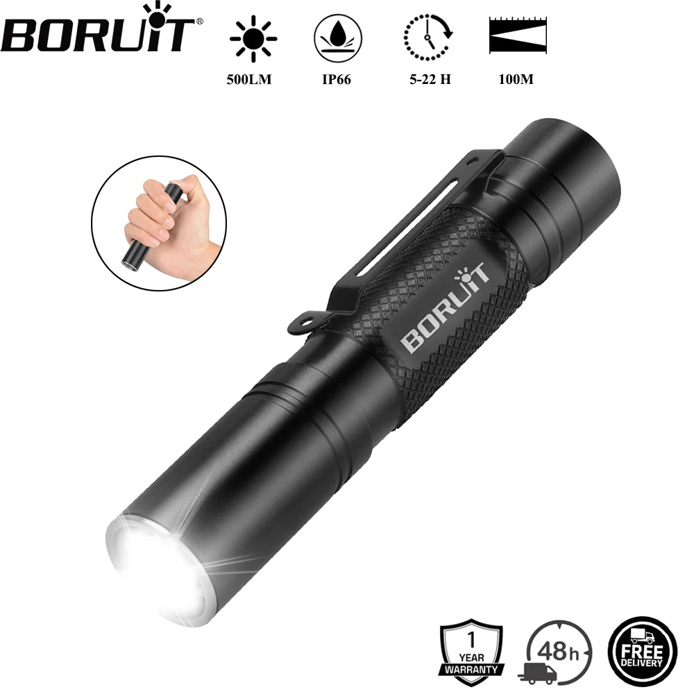 

BORUiT RJ13 500LM LED Tactical Flashlight IP66 Waterproof Memory Function Torch with Clip Camping Lantern Use14500 or AA Battery