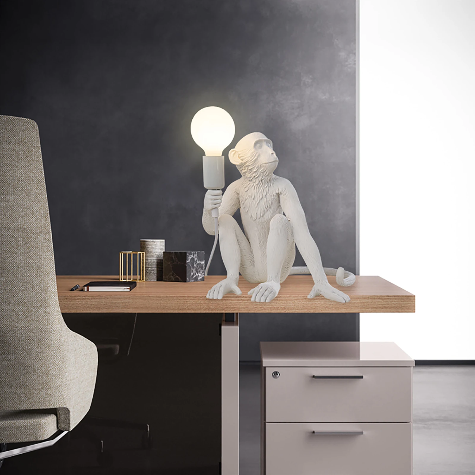 Modern E26 White Corded Monkey Desk Light Table Lamp Resin Living Room, Bedroom Lighting Fixture Indoor