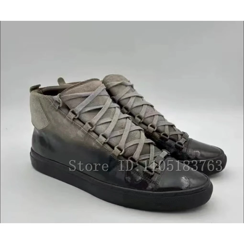 Men New Mixed Colors High Top Trainer Shoes Fashionable Flat Sport Shoes Round Toe Lace Up Suede Leather Casual Sneakers