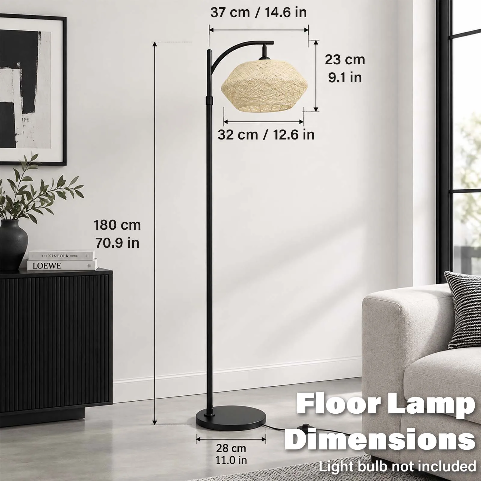 Boho Rattan Floor Lamp, Black Pole Beige Diamond Woven Shade for Living Room