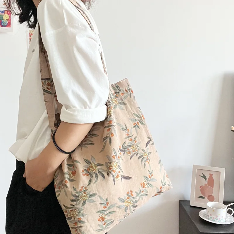 Lazy Retro Style Plain Flower Branch Shoulder Bag Small Thin Cotton Linen Cowhide Rope Armpit Bags All Match Female