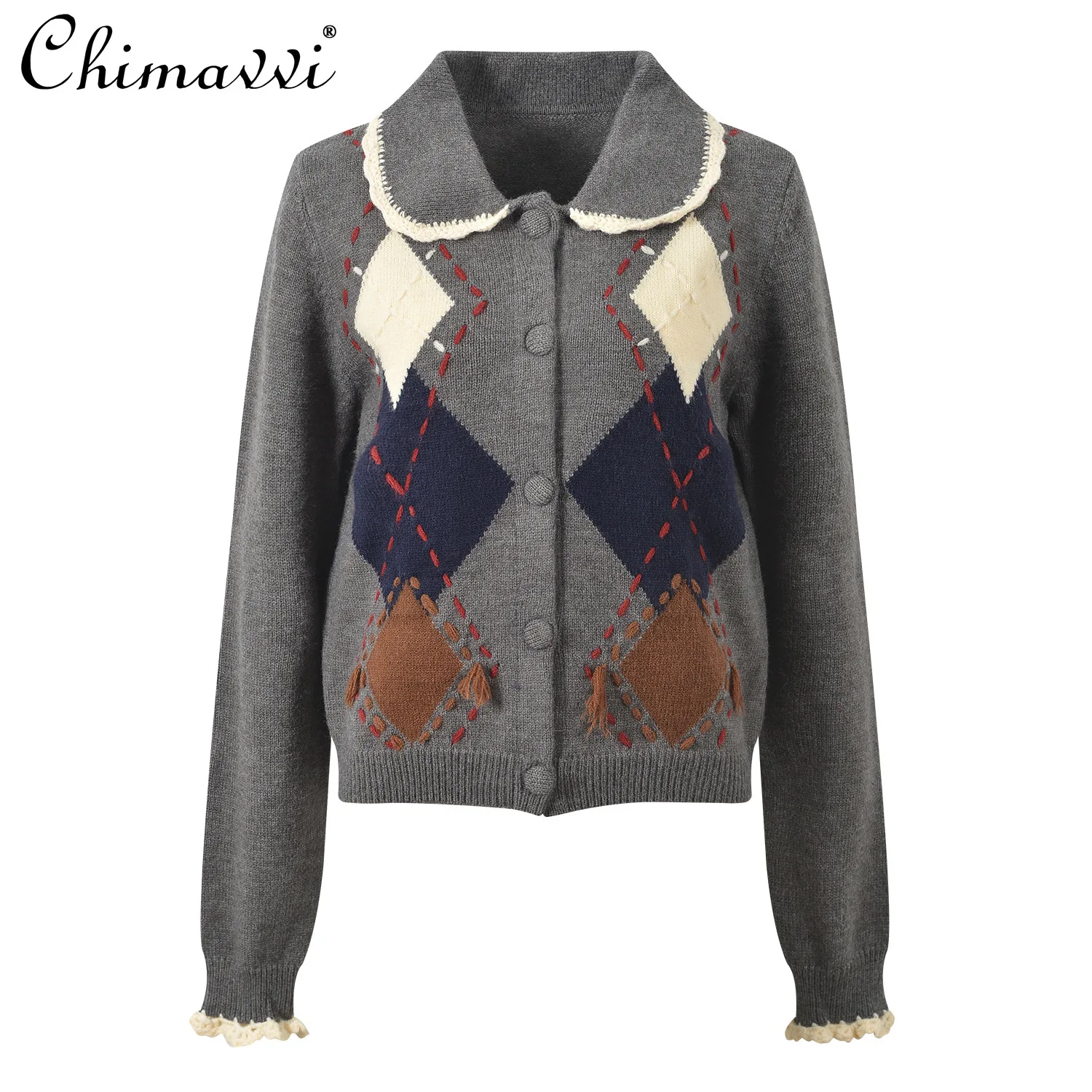 

Женский укороченный вязаный кардиган в клетку с воротником-стойкой, однобортный, универсальный, повседневный, весна 2026, корейский стиль