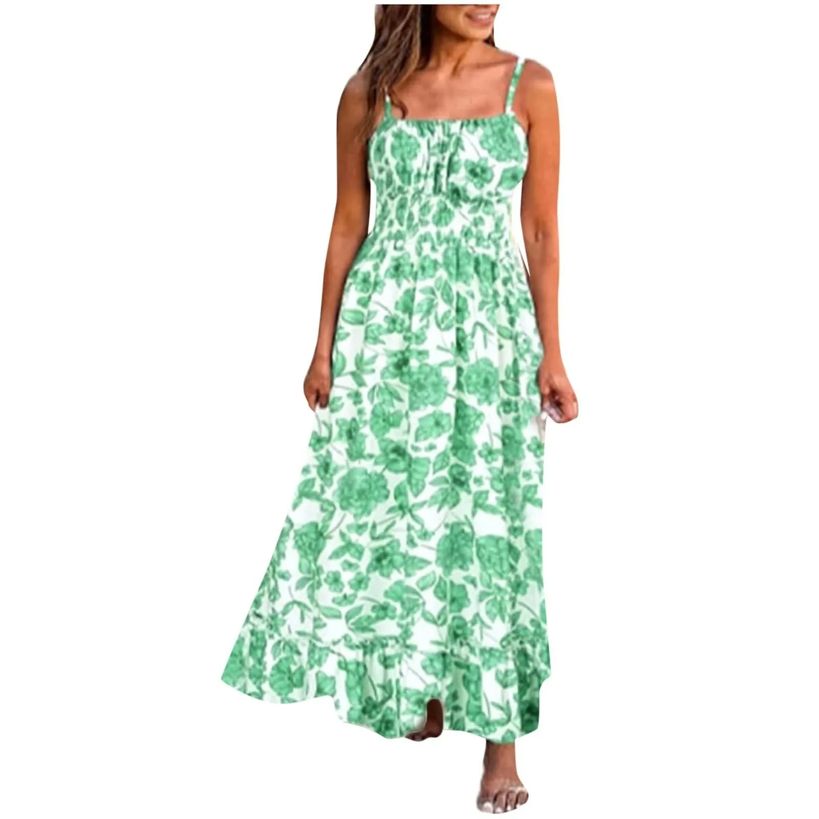 Abito lungo estivo da donna senza maniche con cinturino floreale per spaghetti smock Boho Beach Abito lungo da spiaggia per abiti da vacanza Nuovo