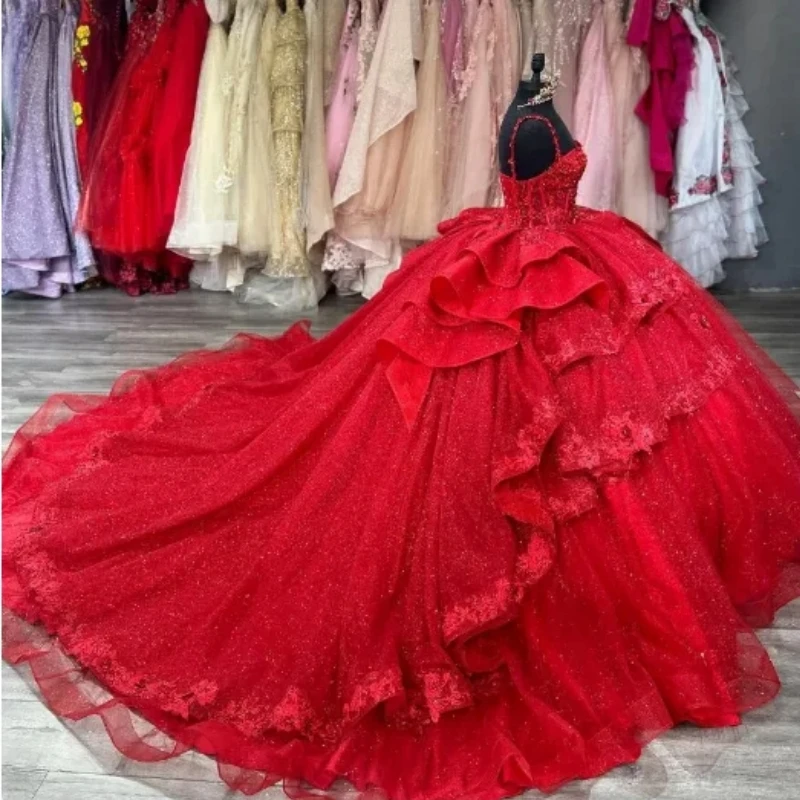 Customized Glitter Red Quinceanera Dresses Flowers Applique Ruffles Vestidos De 15 Anos Birthday Party Prom Special Occasion New