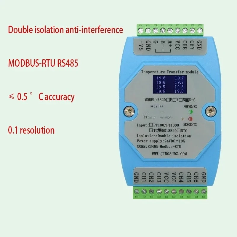8CH DS18B20 Temperature Acquisition Module RS485 Modbus RTU Communication Industrial Temperature Sensor Collector Module RS20D-C