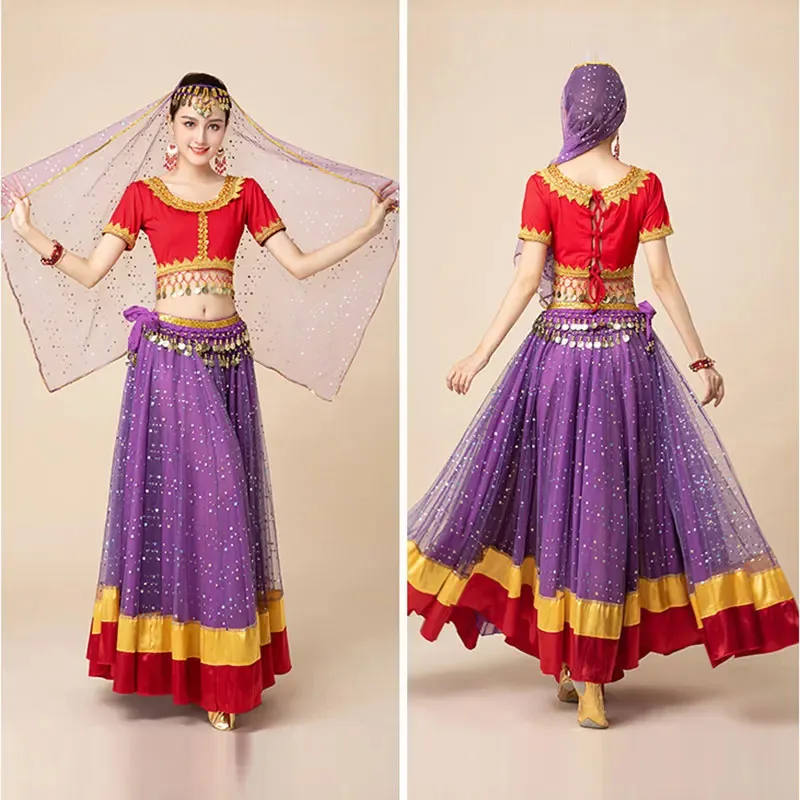 Adult Indian Belly Dance Tops Skirt Costume Uniform Women Arabic Sari Halloween Bollywood Bellydance Rave Party Dress Up Outfit