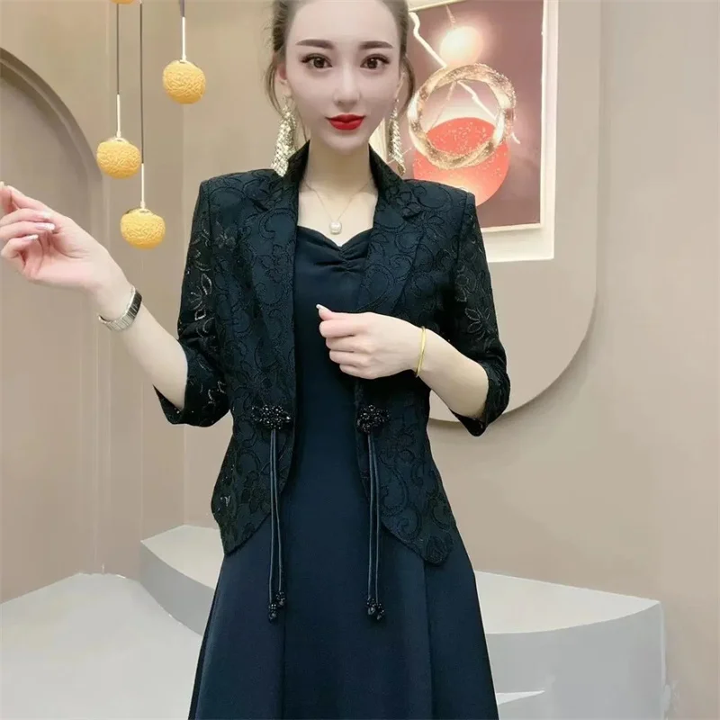 Summer New Blazer Women\'s Korean Fashion Lace Hollowed Out Cropped Sleeves Temperament Slim Lady Sunscreen Clothing Tops 2024