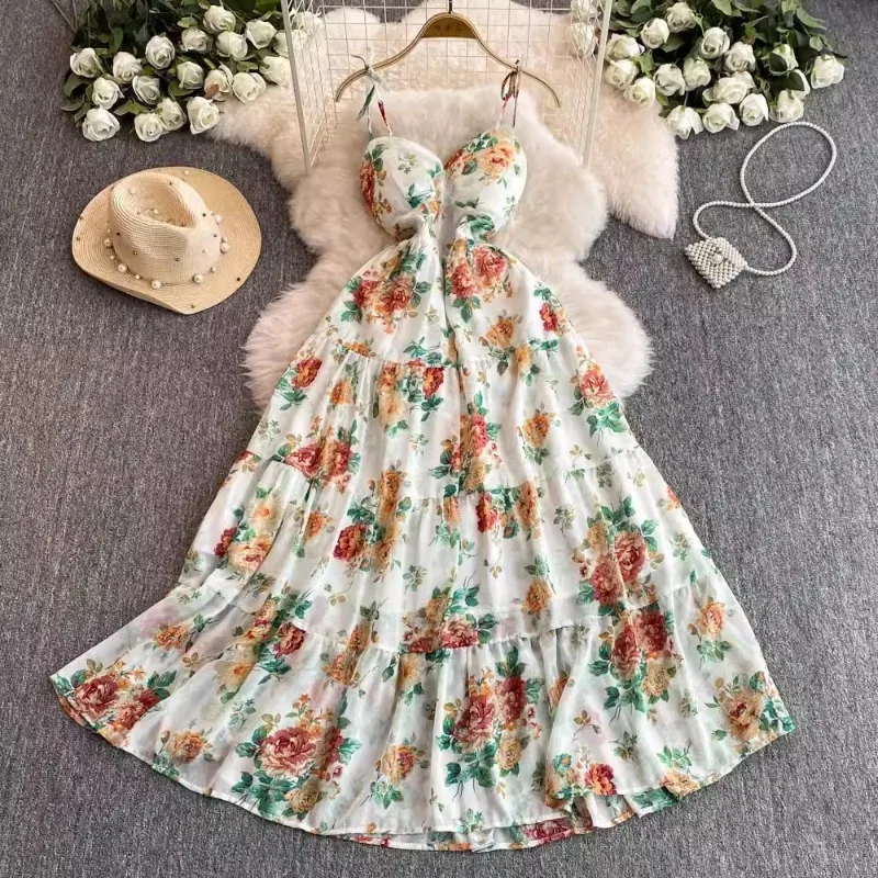Women Floral Spaghetti Strap long Dress Elastic Ruched Sexy Hollow Backless Party Dress Summer Boho Vacation Beach Sundress 원피스
