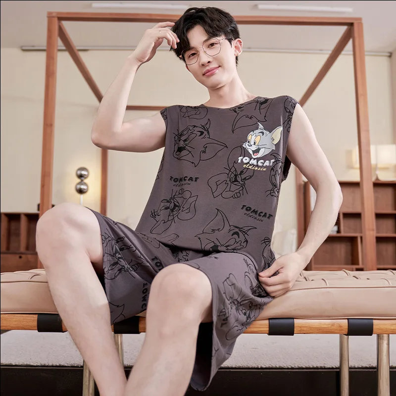 Anime One Piece Luffy Modal Men Pajamas Set Japanese Summer Cute Cartoon Silk Cool Vest Shorts Loungewear Suit Student Homewear