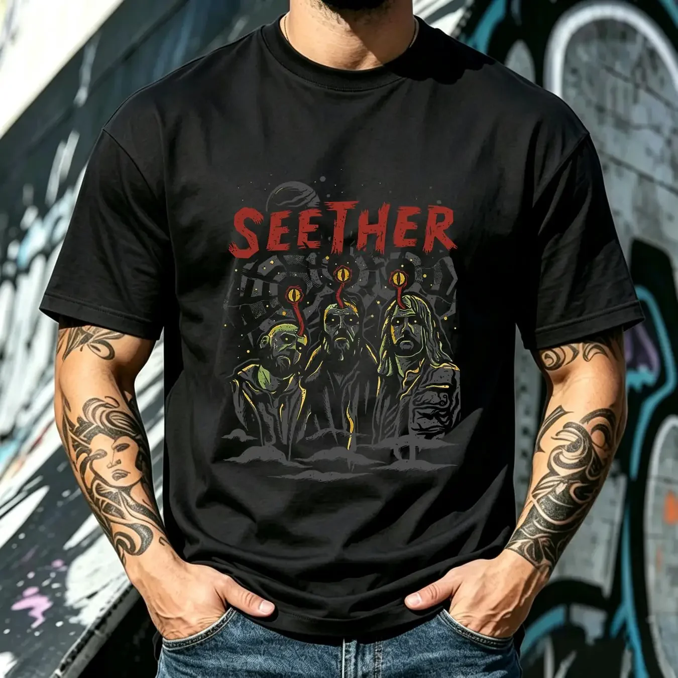 washed T Shirt Seether Mind Control Licensed Rock N Roll Music Band Black vintage Washed Comfortable streetwear homme Casual