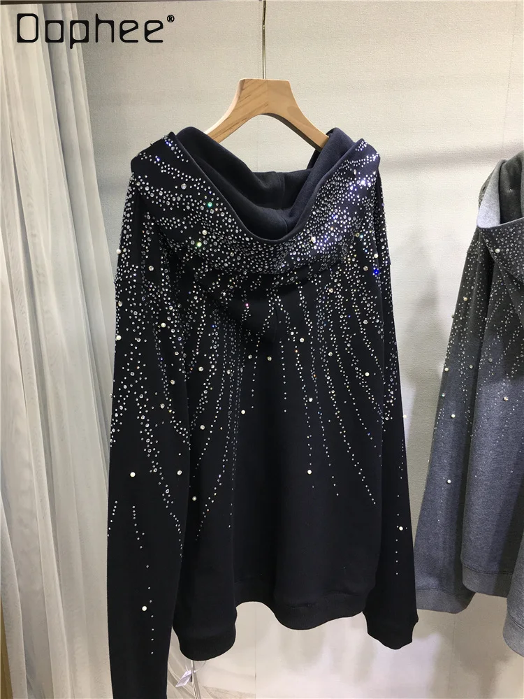 

European Heavy Industry Rhinestone Jacket for Women Loose Mid-Length Oversized Coat Pure Cotton Casual Long Sleeve Hoodie Trendy