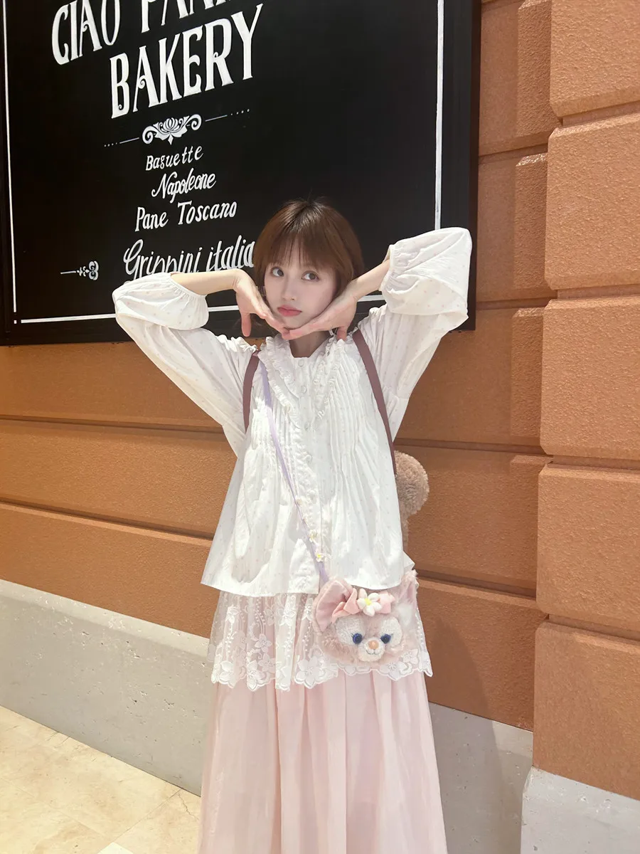 

Новая весенняя свободная блузка Pinkstar с длинным рукавом в розовый горошек и деревянными пуговицами для девочек, из хлопка и нейлона