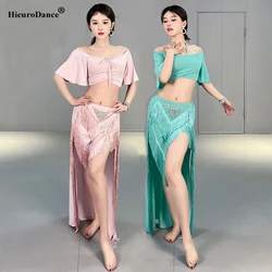 Women Belly Dance Costume Oriental Sexy Tulle Practice Wear Professional Bellydance Crop Top Solid Color Split Long Skirt Outfit