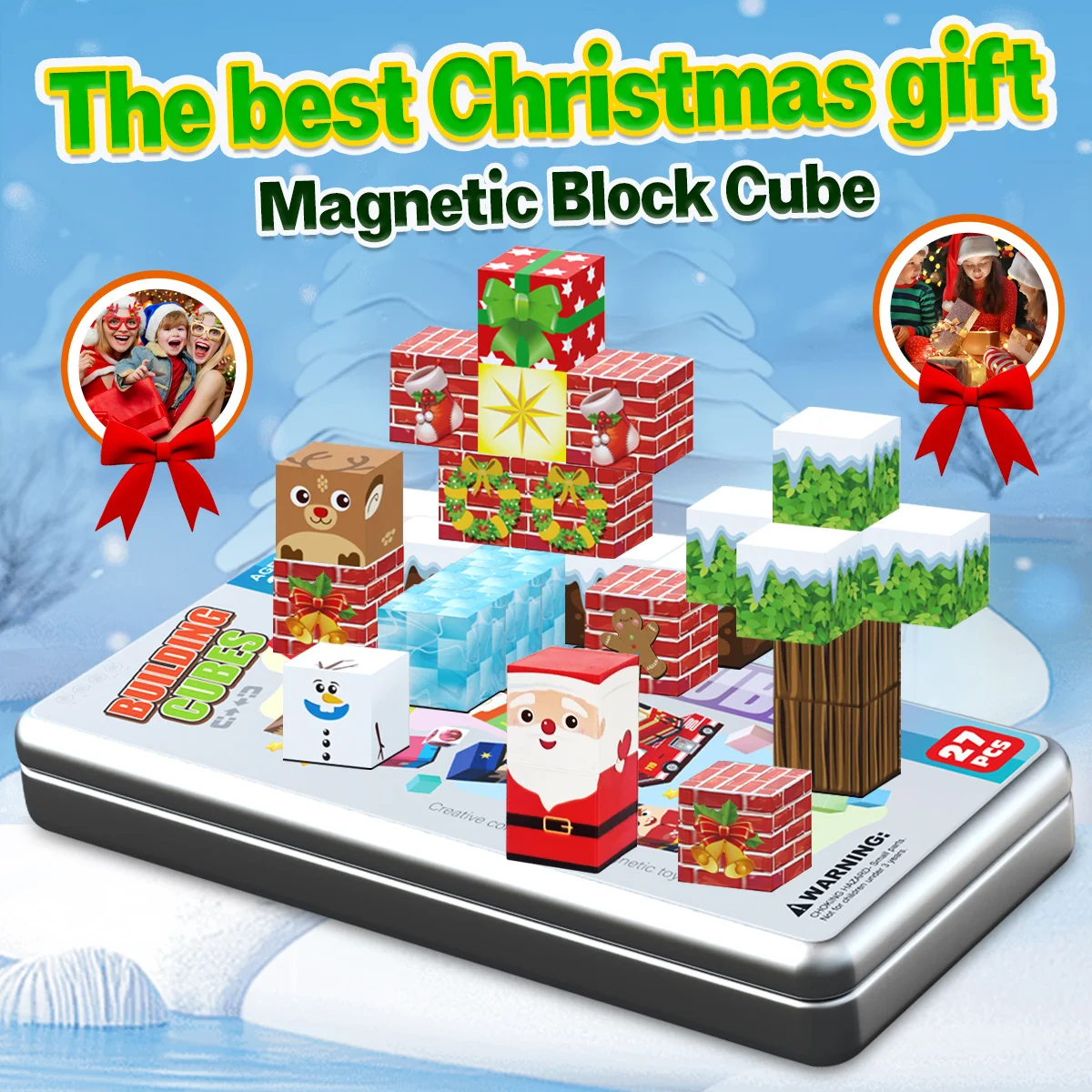 Set di blocchi magnetici natalizi, blocco magnetico con scatola di ferro per bambini, blocco magnetico a tema natalizio di Babbo Natale, giocattolo con blocchi magnetici