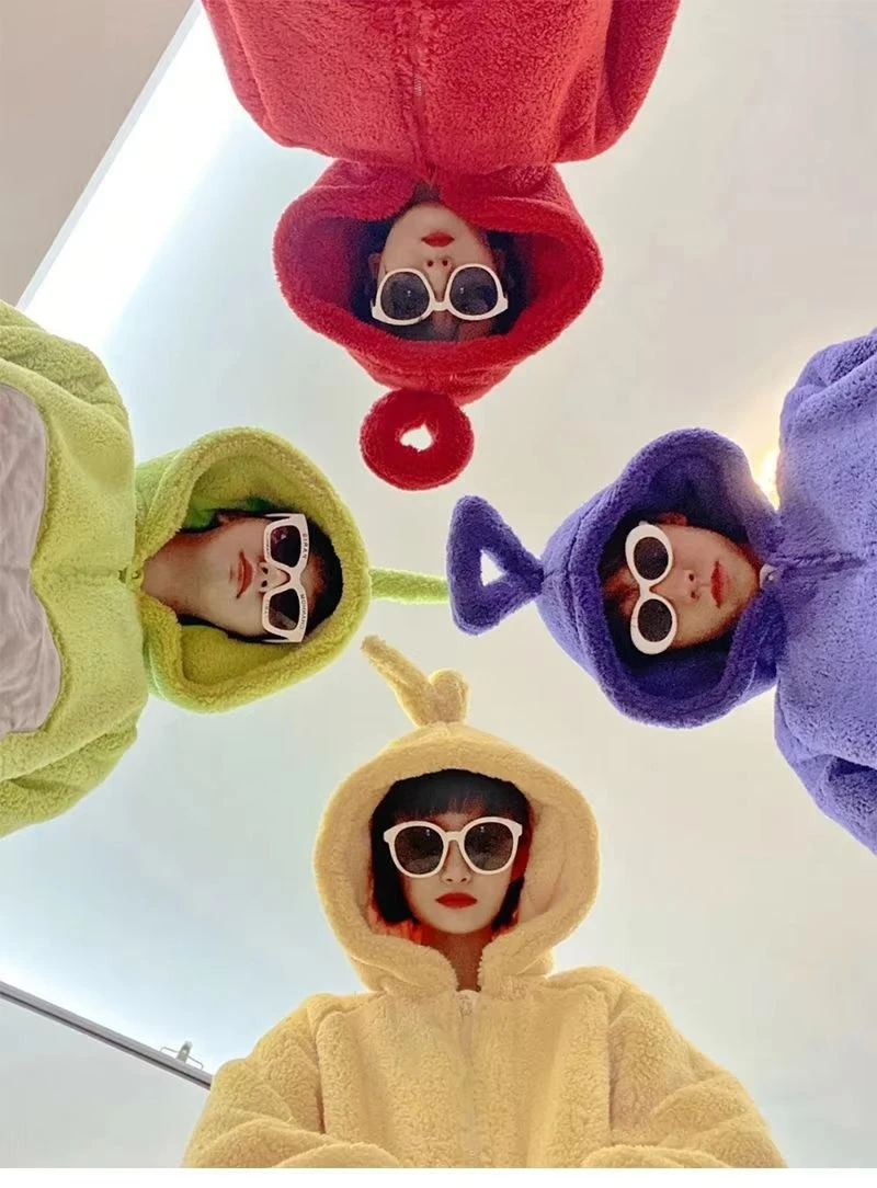 Teletubbies Cartoon Adultcos Cosplay Coral Fleece Hooded Jumpsuit Costume Adult Onesie Pajamas Unisex Clothes Cosplay Homewear ﻿