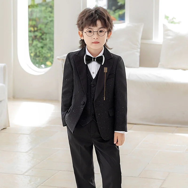 Boys Sequins Blazer Suit Set Black Elegant Teen Kids Piano Recital Performance Tuxedo Flower Child Wedding Birthday Party Outfit
