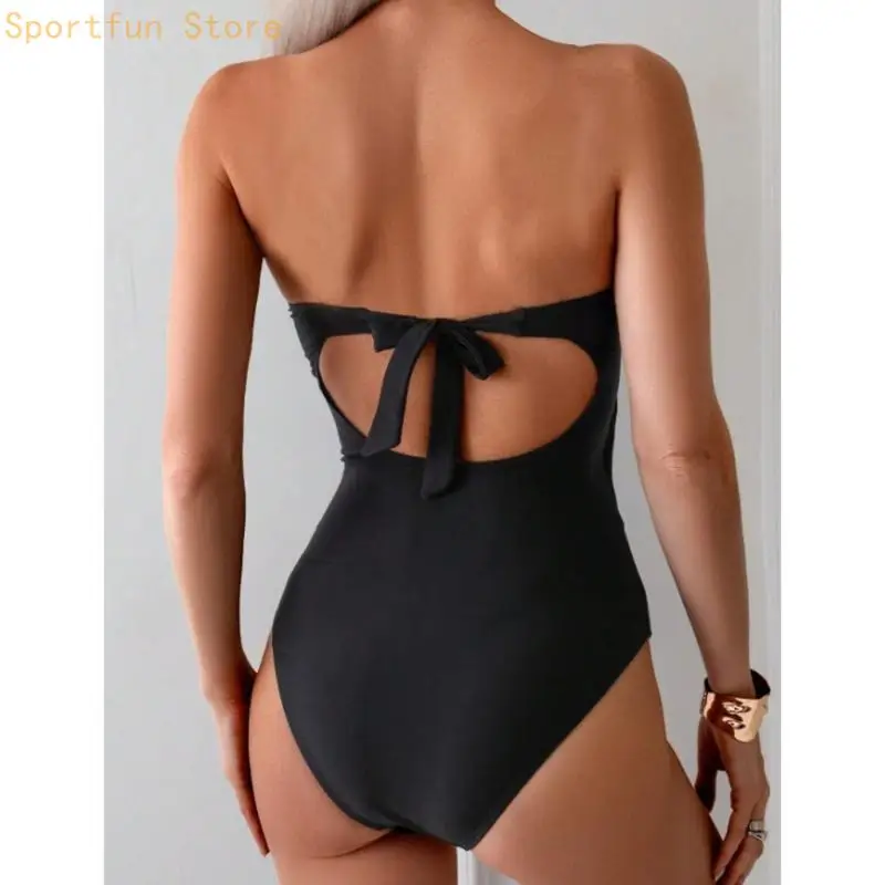 Women 1 Bathing Suit Metal Rings Swimsuit Strapless Bandeau Swimwear X7JD