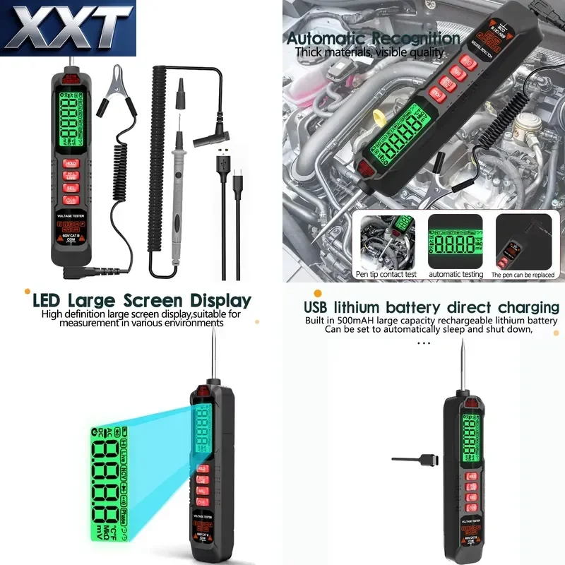 XXT USB Rechargeable Car Clip Digital Multimeter 4000 Counts Pen Type AC/DC Voltage Non-Contact Auto Ohm Diode Tester Tool