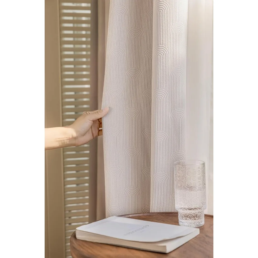 Gorden Blackout Ruang Tamu Warna Solid Chenille Jacquard Beige, 52x54 Inci, 2 Panel, Privasi & Penahan Cahaya