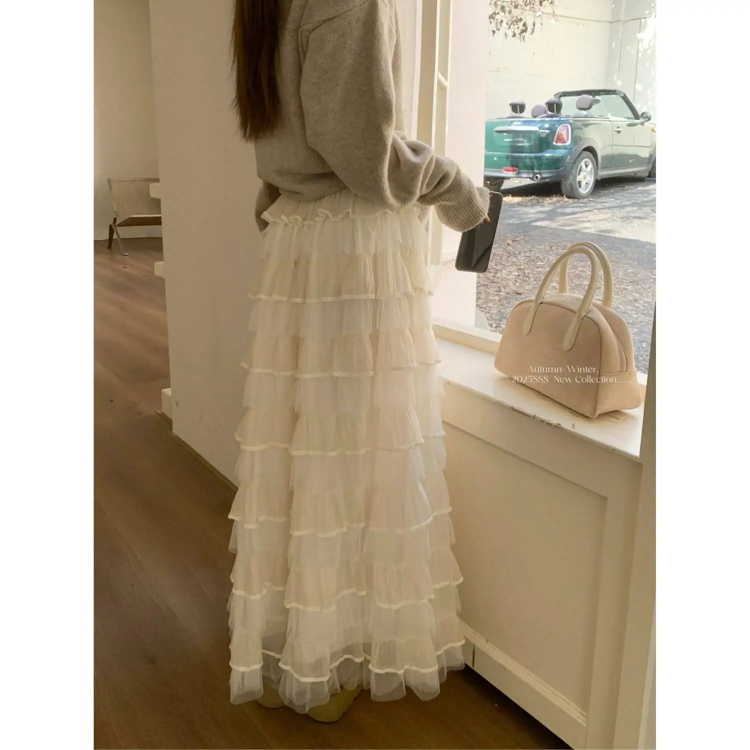 Sweet Apricot Lace Skirt High Waist Tulle Splice Cake Skirt Women's Autumn New Puffy Skirt Half-length Skirt Casual Style