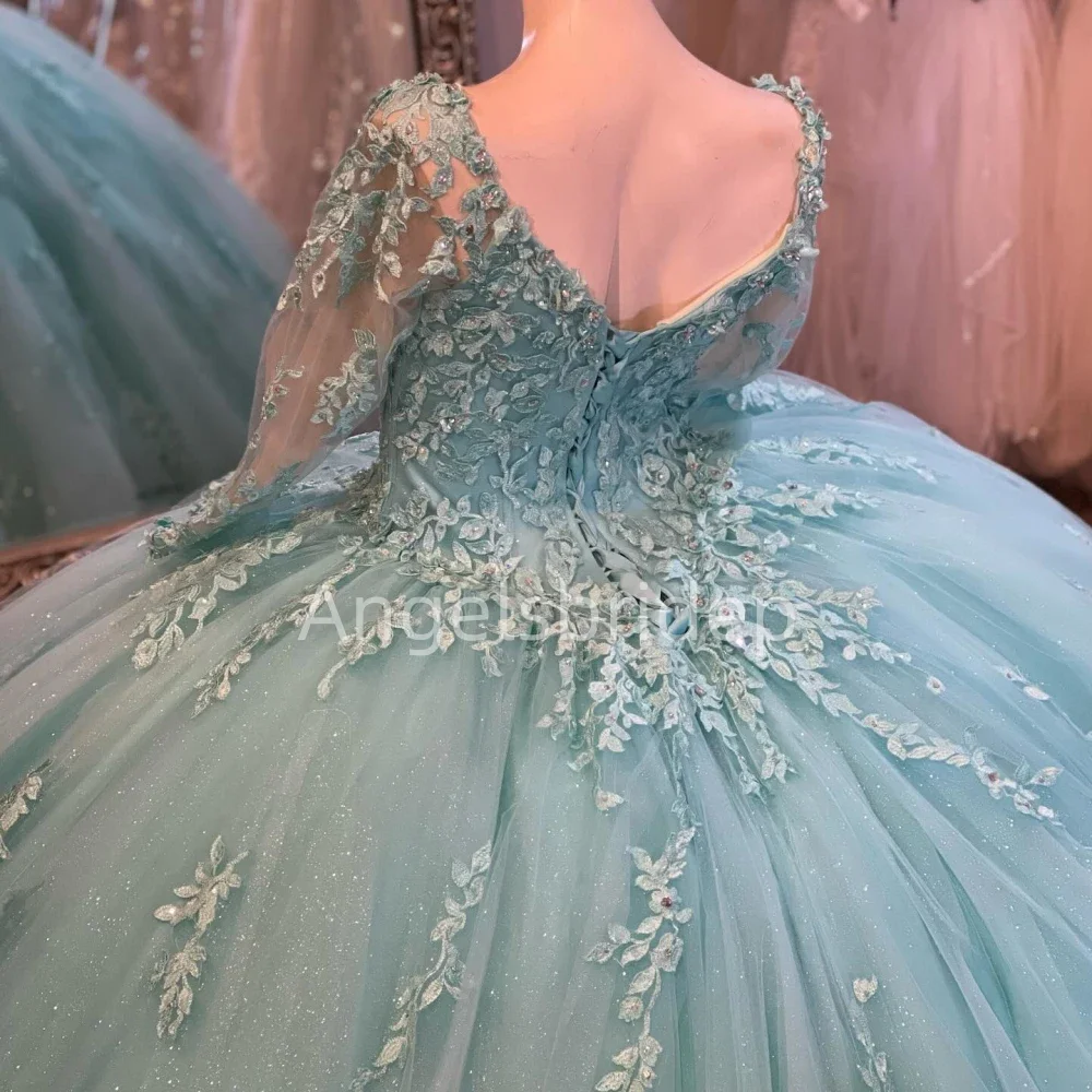 Angelsbride 2025 Aqua Green Ball gaun Quinnceanera gaun dengan renda applique lengan panjang renda kembali Vestidos De 15 Anos