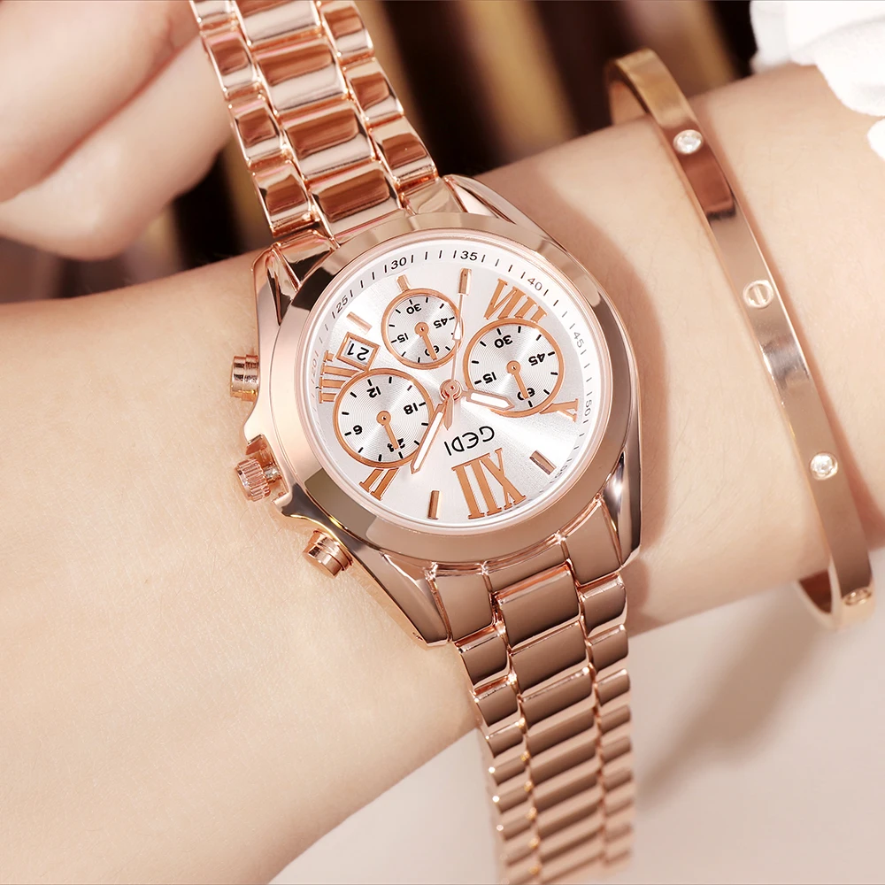 GEDI Luxury Rose Gold Women Quartz Watches Waterproof Stainless Steel Auto Date Ladies Wristwatch Business Dress Watch for Women