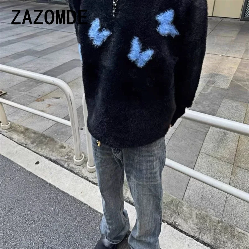 ZAZOMDE Harajuku Mohair Sweater Y2K Men Knitted Butterfly Cozy Jumper Streetwear Casual Baggy Long Sleeve Fluffy Fuzzy Pullover