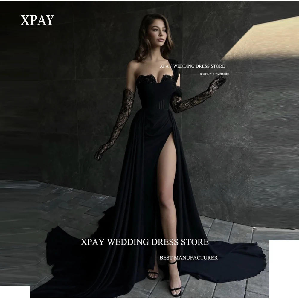 

XPAY Modern Black A Line Prom Dresses Sweetheart High Split Attachable Train Arabic Women Evening gowns Formal Party Dress