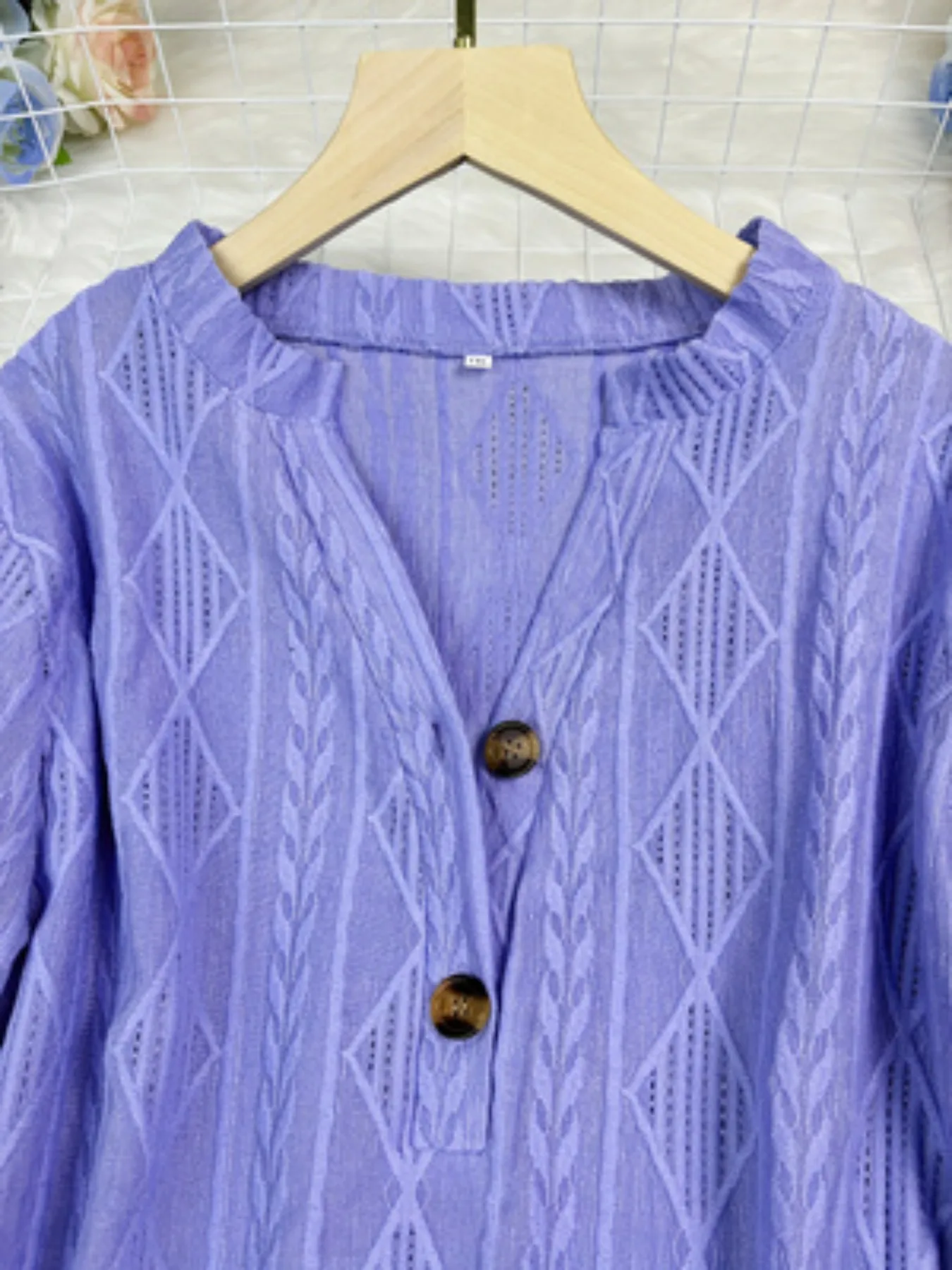 Plus Size Women Solid Long Sleeve Blouse V Neck Button Decor Hollow Out Jacquard Top Loose Casual Ladies Daily