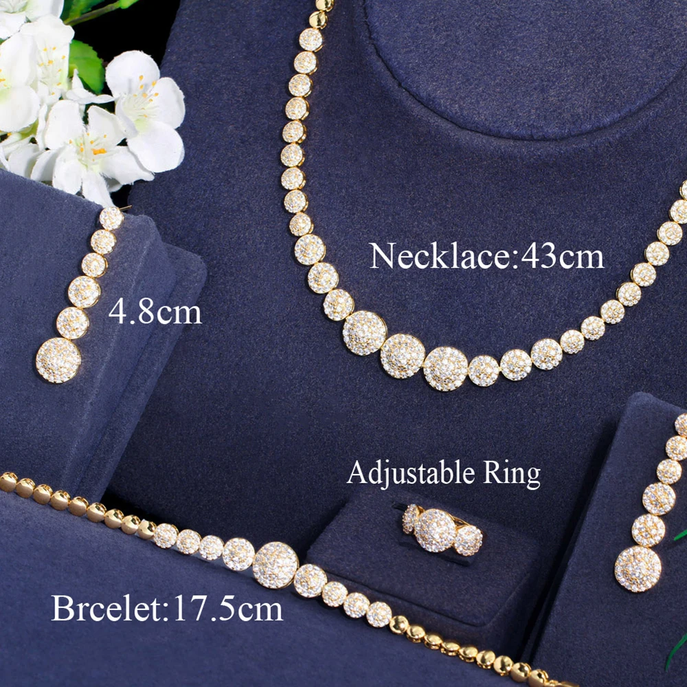 BeaQueen Dubai Gold Color Jewellery Sets for Women Round Drop Long Earrings and Tennis Necklace 4pcs Brides Dress Jewelry S329