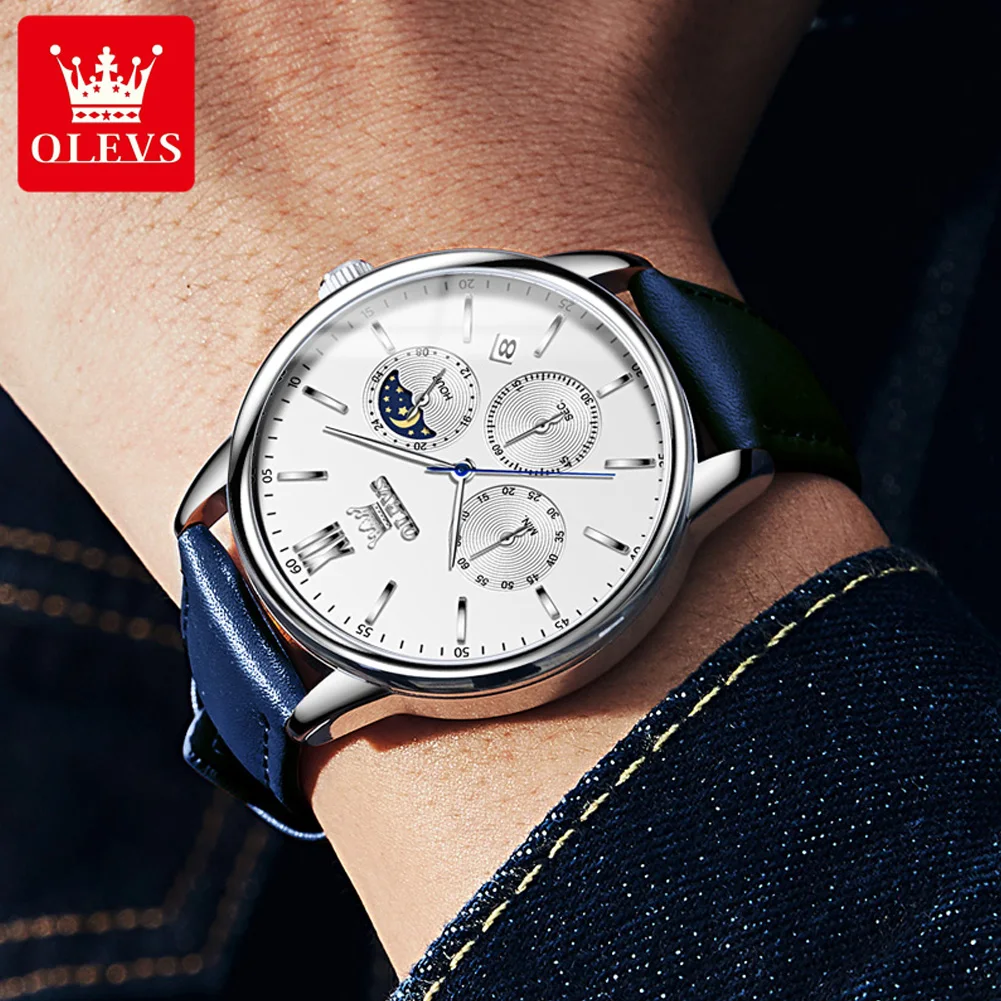 OLEVS-Montre Chronographe Multifonctions pour Homme, Classique, Trois Petits Cadrans, Étanche, Bracelet Cuir, Phase de Lune, Date