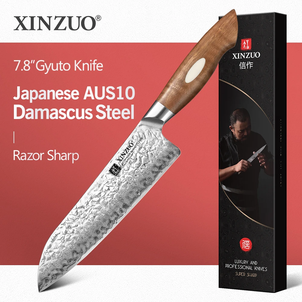 XINZUO 7.8 Inches Japanese Gyuto Knife AUS-10 Damascus Stainless Steel with Black Walnut Handle Slicing Meat Chef Cooking Knife