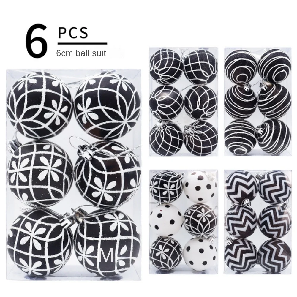 6 uds bolas pintadas a mano bolas de Navidad blanco y negro 6cm colgantes de árbol de Navidad bola colgante redonda decoración fiesta vacaciones decoración del hogar