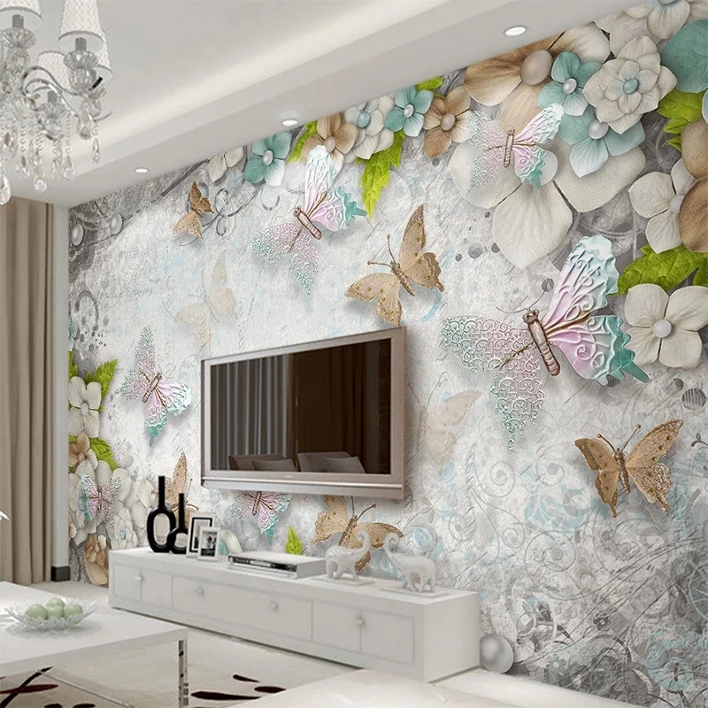 Customized Creative 3D Mediterranean Butterfly Flower Wallpaper Mural Living room TV background bedroom restaurant wall fabric