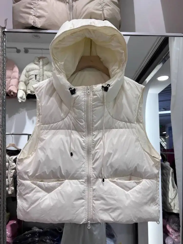 

Women Vintage Down Jacket Vest Autumn Winter Korean Hooded Drawstring Vest White Duck Down Parkas Female Short Waistcoat Outwear