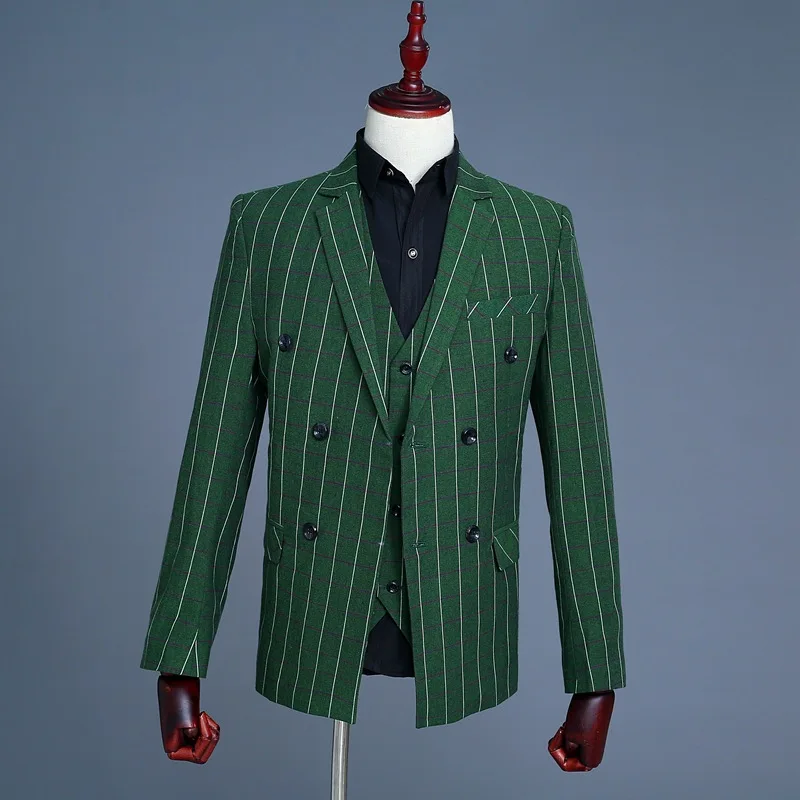 Green Plaid Suit Set for Men Groom Best Man Dress Blazer with Pant  Vest Double-breasted Performance Host Emcee Studio Coat