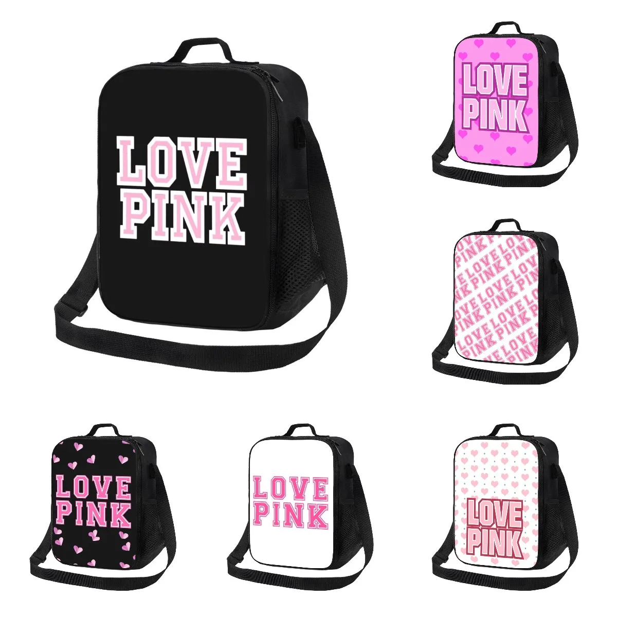 

Black Pink Lunch Bags with Strap for Women Portable Thermal Insulated Lunch Box Container Cooler Bag Tote Bento Pouch for Work