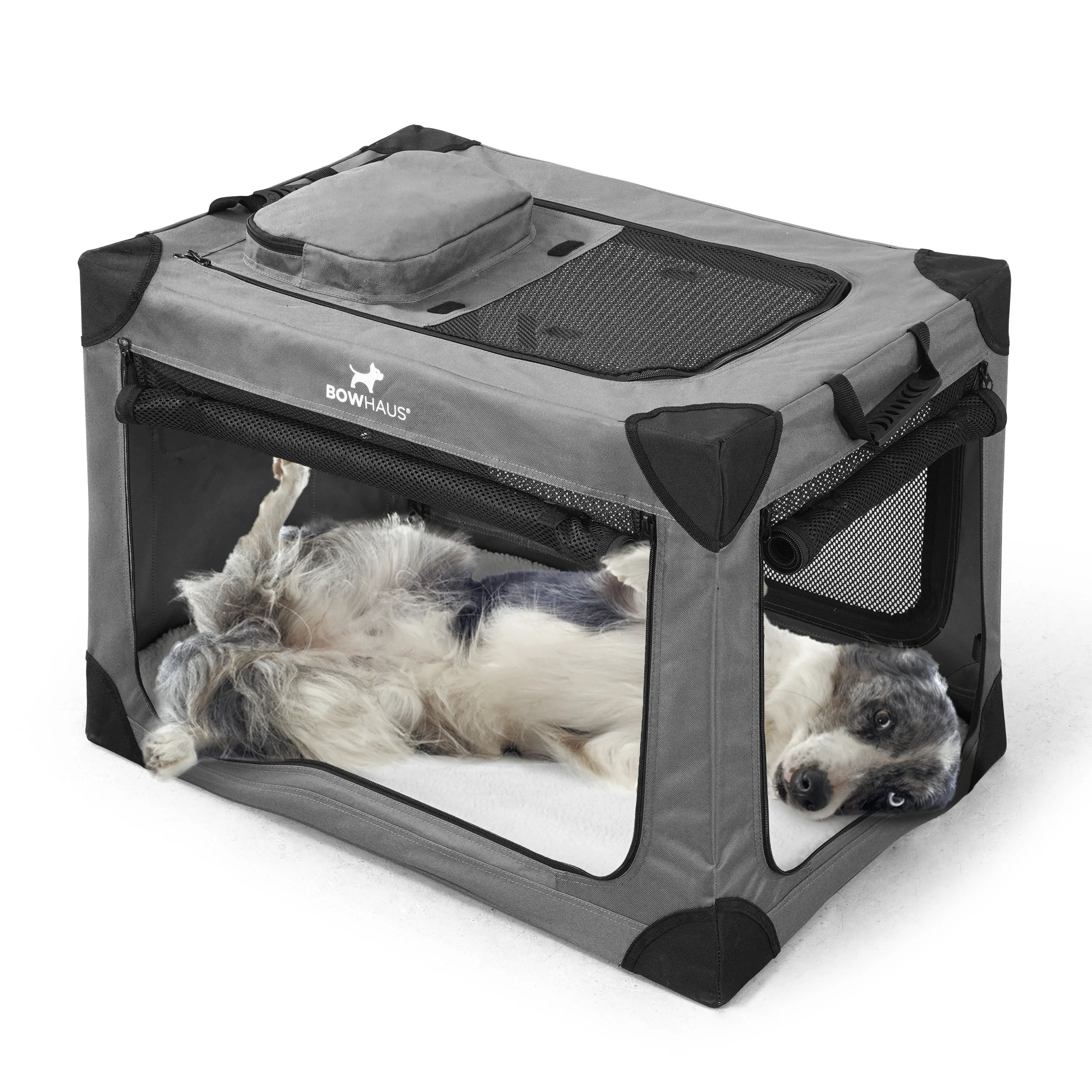 

BOWHAUS Collapsible Soft Dog Crate with 4 Mesh Door, Portable Travel Dog Kennel for Large Dogs with Durable Mesh Windows,