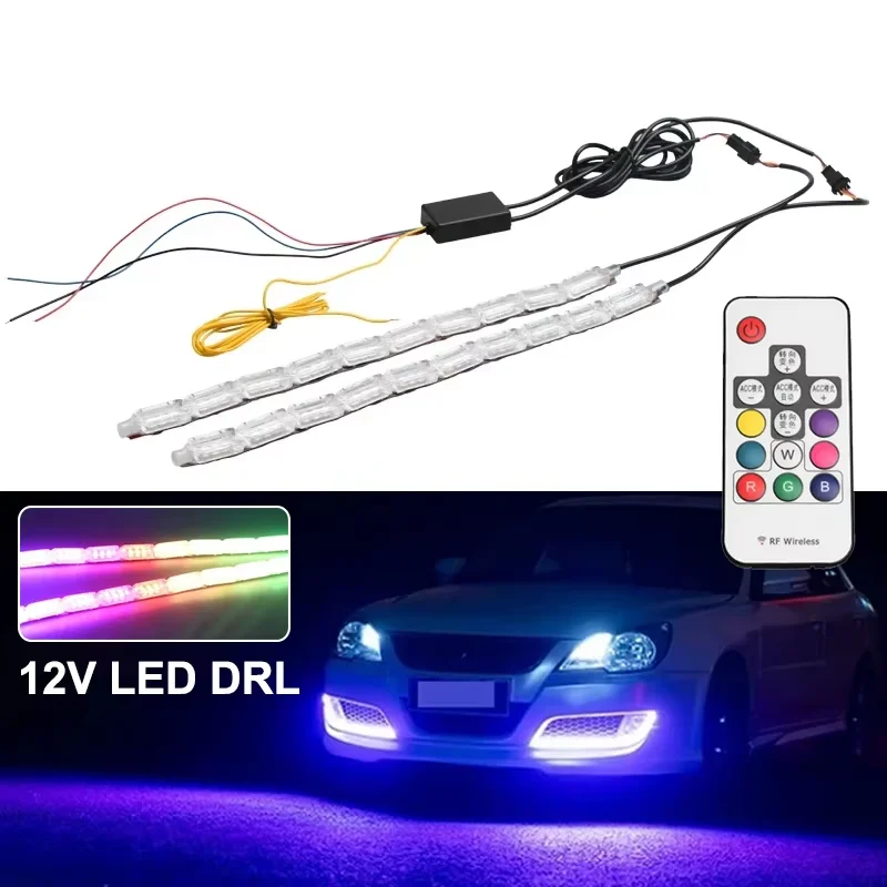 12v LED Daytime Running Lights RGB Car Headlight Decorative Turn Signal Light Multi-mode Neon Crystal Light With Remote Control