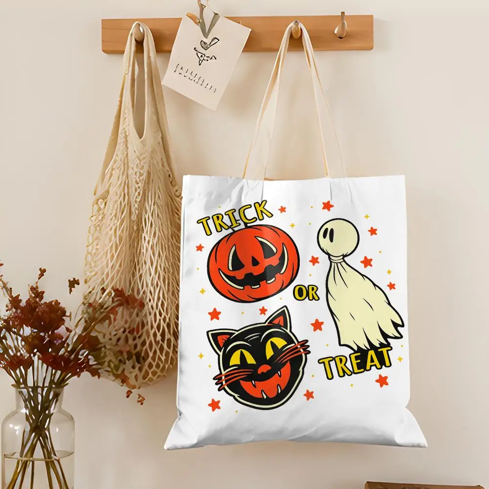 Cute Halloween Trick or Treat Storage Bags Double-Sided Printed Canvas Tote Bag Eco-Friendly Reusable Large Capacity Handbag