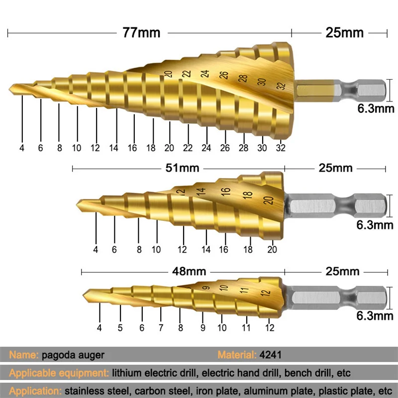 Broca escalonada de ranura en espiral de acero de alta velocidad broca Hexagonal cono Centro de escariado Pagoda cortador de agujeros madera Metal