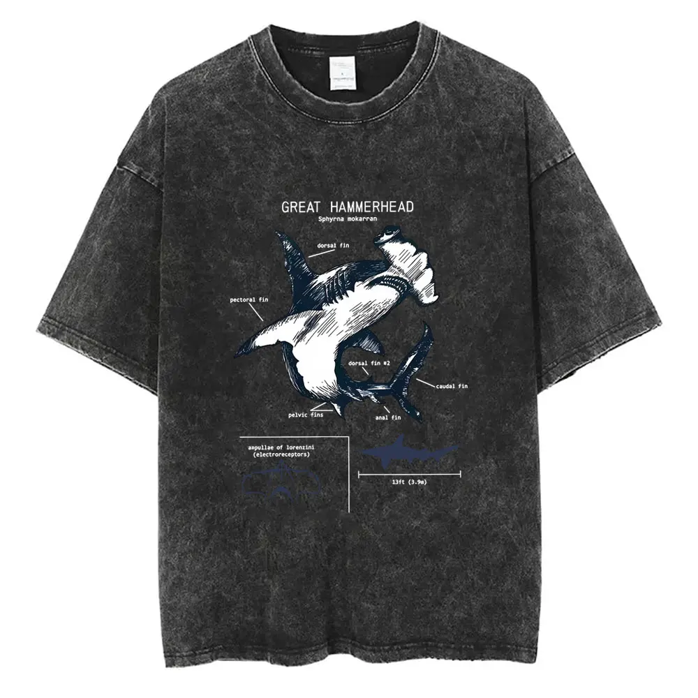 

Marine Animals Great Hammerhead Anatomy Washed Vintage T-shirt Men Women Casual Oversized Crewneck T Shirts Male Fashion Tshirt