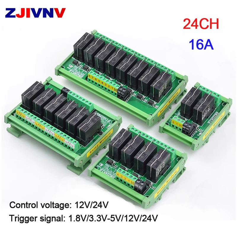 

24CH 16A 1NO+1NC Optocoupler Isolated Relay Module Trigger signal: 1.8V/3.3V-5V/12V/24V Standard 35mm DIN rail mounting