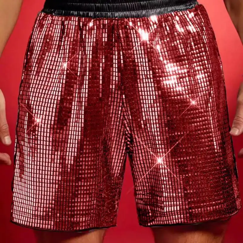 Men Shiny Metallic Disco Shorts Elastic Waist Sequin Dance Shorts for Stage Performance Party Wear Summer Bottoms for Men