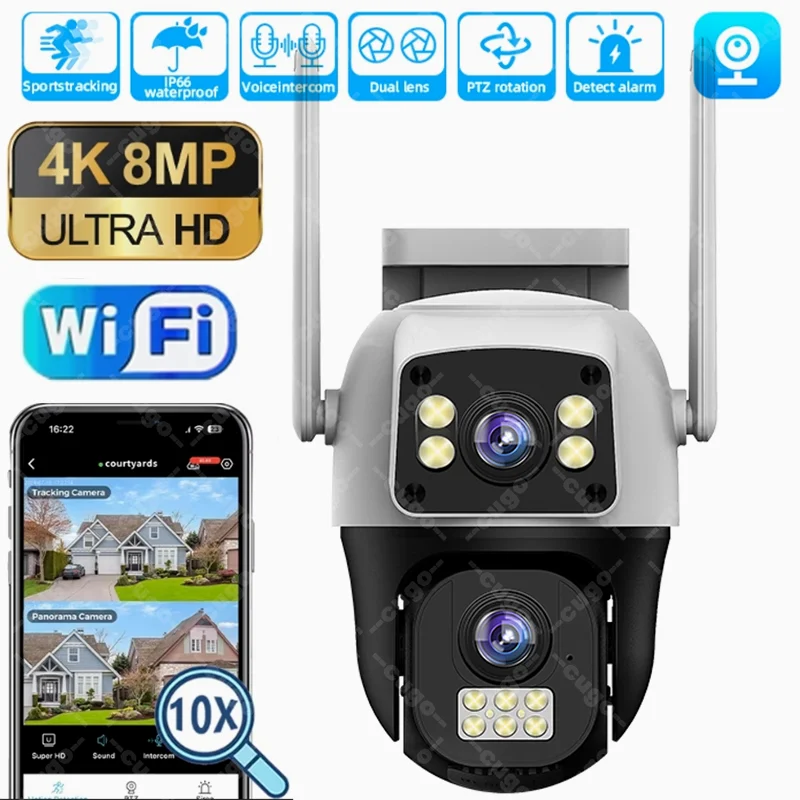 

8MP Wifi Wireless Security Monitor Camera PTZ Outdoor Dual Screen Dual Lenses Human Detection Cam Two-way Audio 10MP IP Cameras