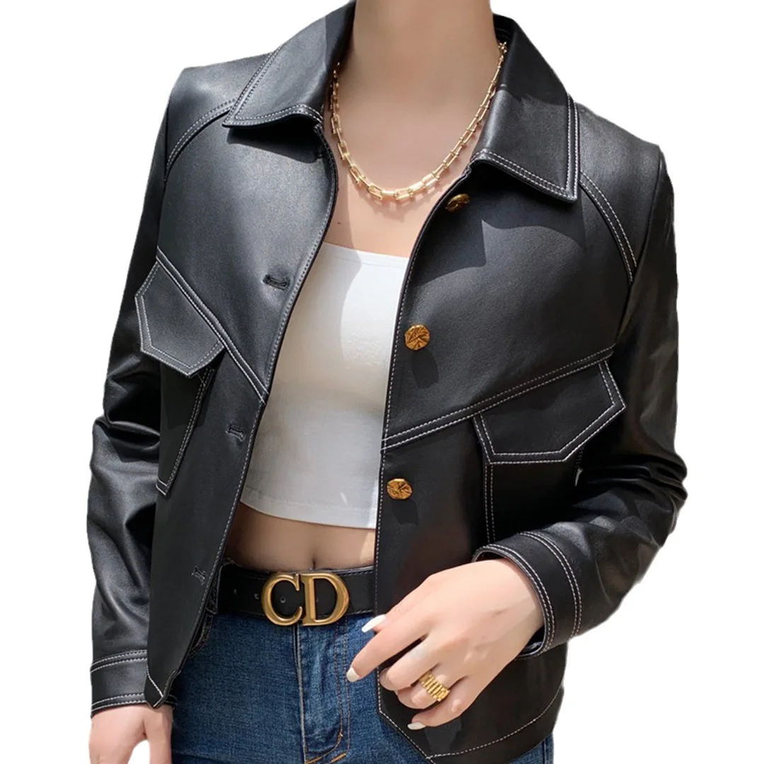 Spring Autumn New Single Breasted Leather Jacket Women's Short Slim Fit Motorcycle Leather Coat Lady Brown Lapel PU Outwear Top