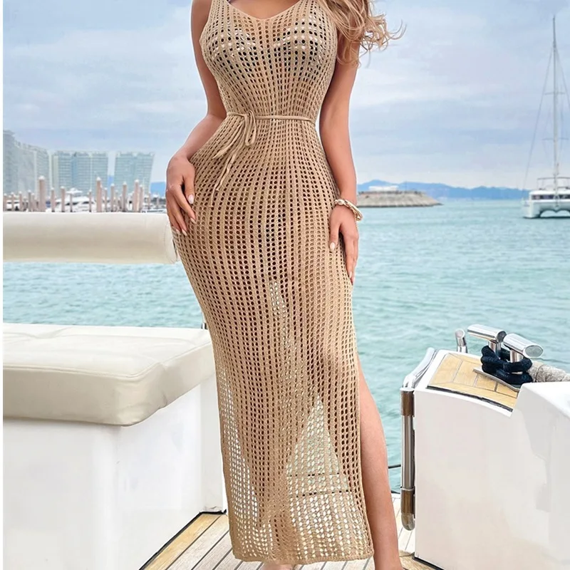 Spring summer new beach smock knitted bikini sunblock shirt loose solid color hollow dress female