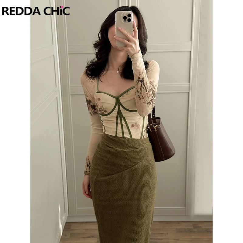 

ReddaChic Боди с длинными рукавами Верхняя юбка Женский комплект Цветочный корсет Футболка с высоким вырезом и квадратным вырезом Вязаная юбка с низкой посадкой Одежда в стиле ретро